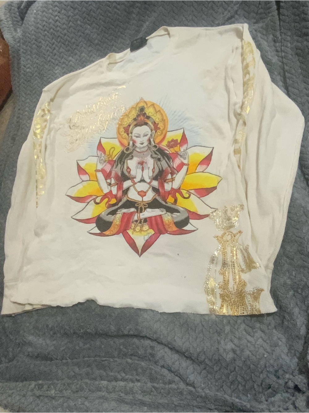 Ed Hardy White Long-Sleeve Graphic Tee with Gold Foil Detail